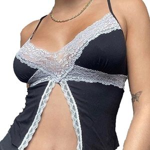 BLACK BUTTERFLY FLY VINTAGE CUT OUT OPEN CROSS-BACK LACE CROP TOP.